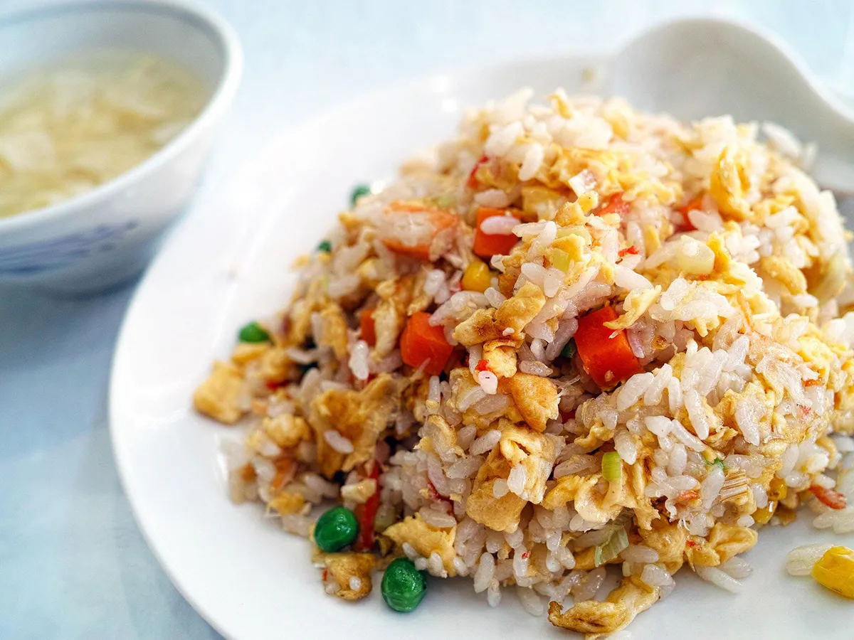 Colorful vegetable egg fried rice with fresh diced ingredients